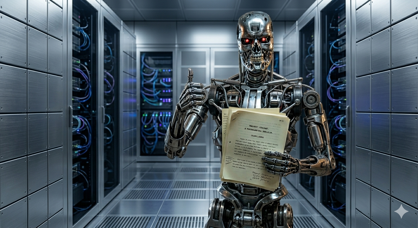 Terminator robot reading a manuscript